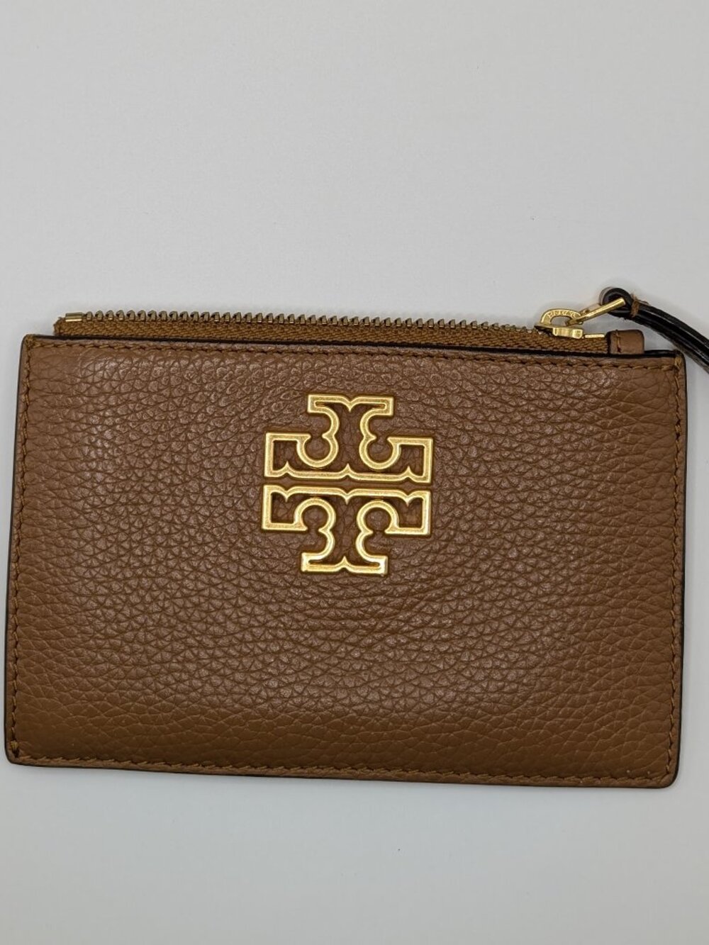 Tory Burch Britten Zip Card Case in Moose Brown Pebbled Leather, Gold Double-T